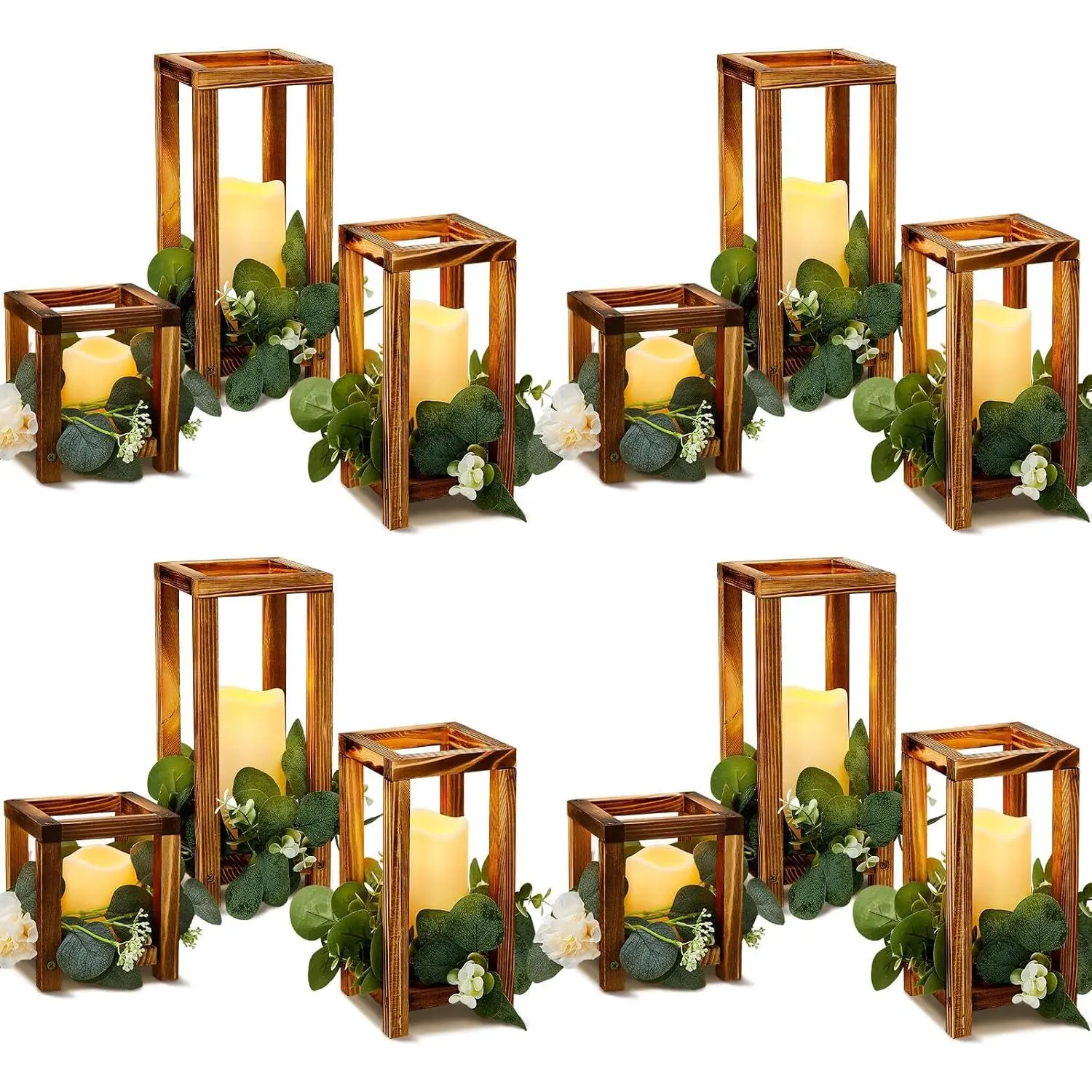 24 count Wooden Candle Lantern Include 12 Wedding Lantern Centerpiece 12 Flameless Decorative Candles Holders Wedding Centerpieces for Tables Party Decor(Brown)