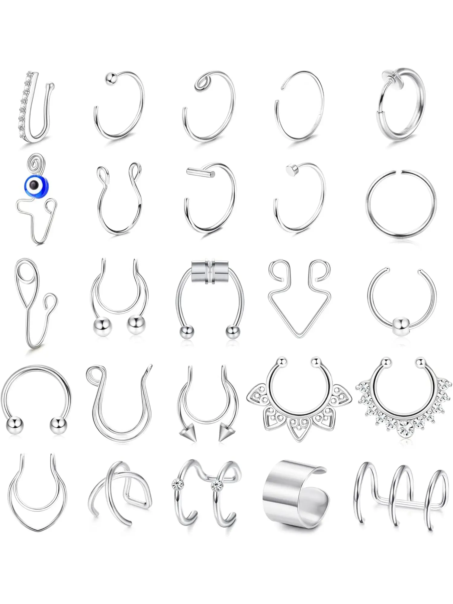 25Pcs Magnetic Fake Septum Nose Ring Set For Women Men, Hypoallergenic Clip On Non Piercing Septum Hoops With Evil Eye Handcuff Charms Trend No Piercing Fake Nose Piercing Jewelry For Daily Party Festival Cosplay
