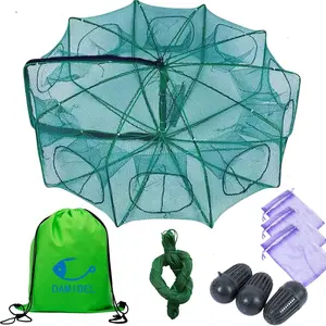 Upgrade 32in x 10in Foldable Fishing Bait Trap 10 Holes 10 Sides Large Space Fishing Net for Fish Crab Shrimp Crawdad with Bait Bag, Bait Box, Rope, Storage Bag