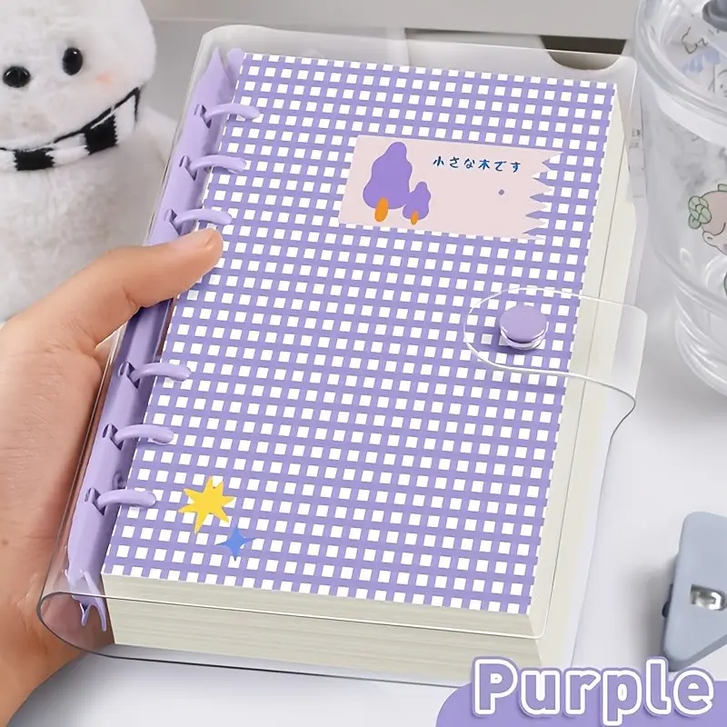 A6 Cute Plaid Clear PVC Binder Notebook, Detachable Loose-Leaf Journal, 120 Pages Lined/Blank Paper, Large Capacity No Sharp Edge Design, Soft Handfeel Planner Dairy for Middle & High School Students, Handcraft Scrapbook