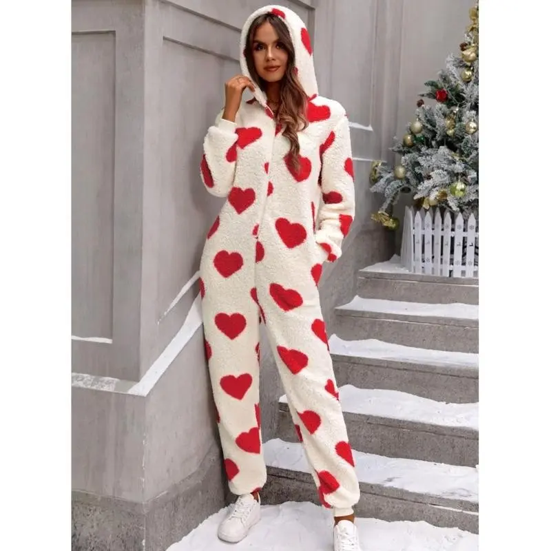Women's Christmas Plush Hooded Jumpsuit Pajamas Fashion Heart Print Long Sleeve Warm Fall Winter Loungewear Outfit