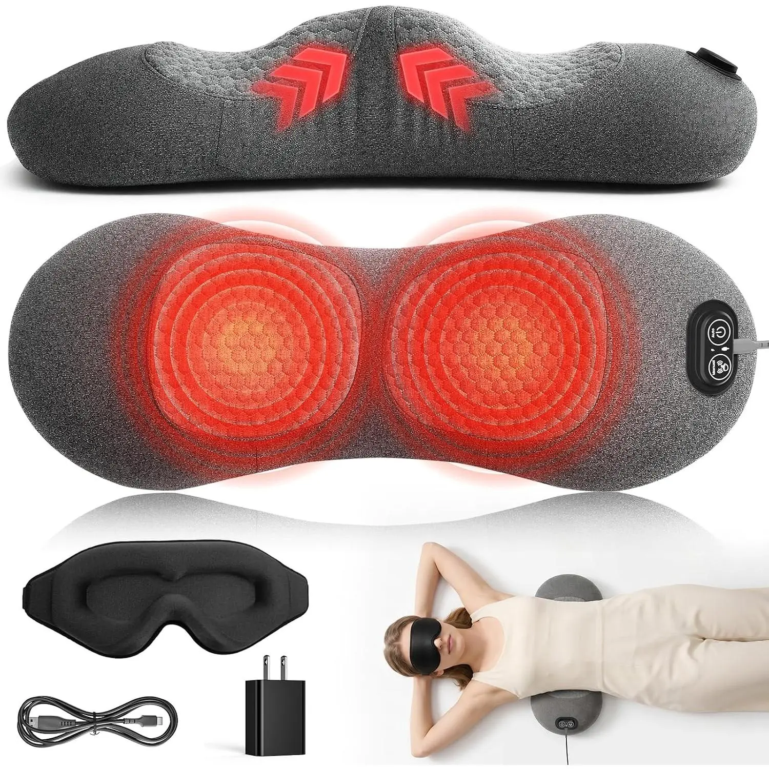 2026 Upgraded Modern 3-in-1 Adjustable Synthetic Breathable Support Pillow with Heat, Vibration & Stretching, Electric Pillow with Eye Mask, Portable Lower Back Cushion for Office & Travel Relaxation, Plug