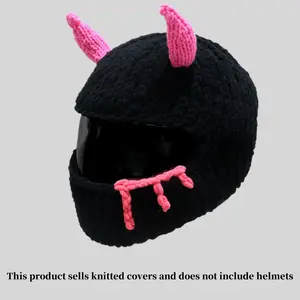 Devil Horn Knitted Helmet Cover, Stretch Soft Universal Helmet Skin, Windproof Decorative Protector, Halloween Goth Winter Accessory