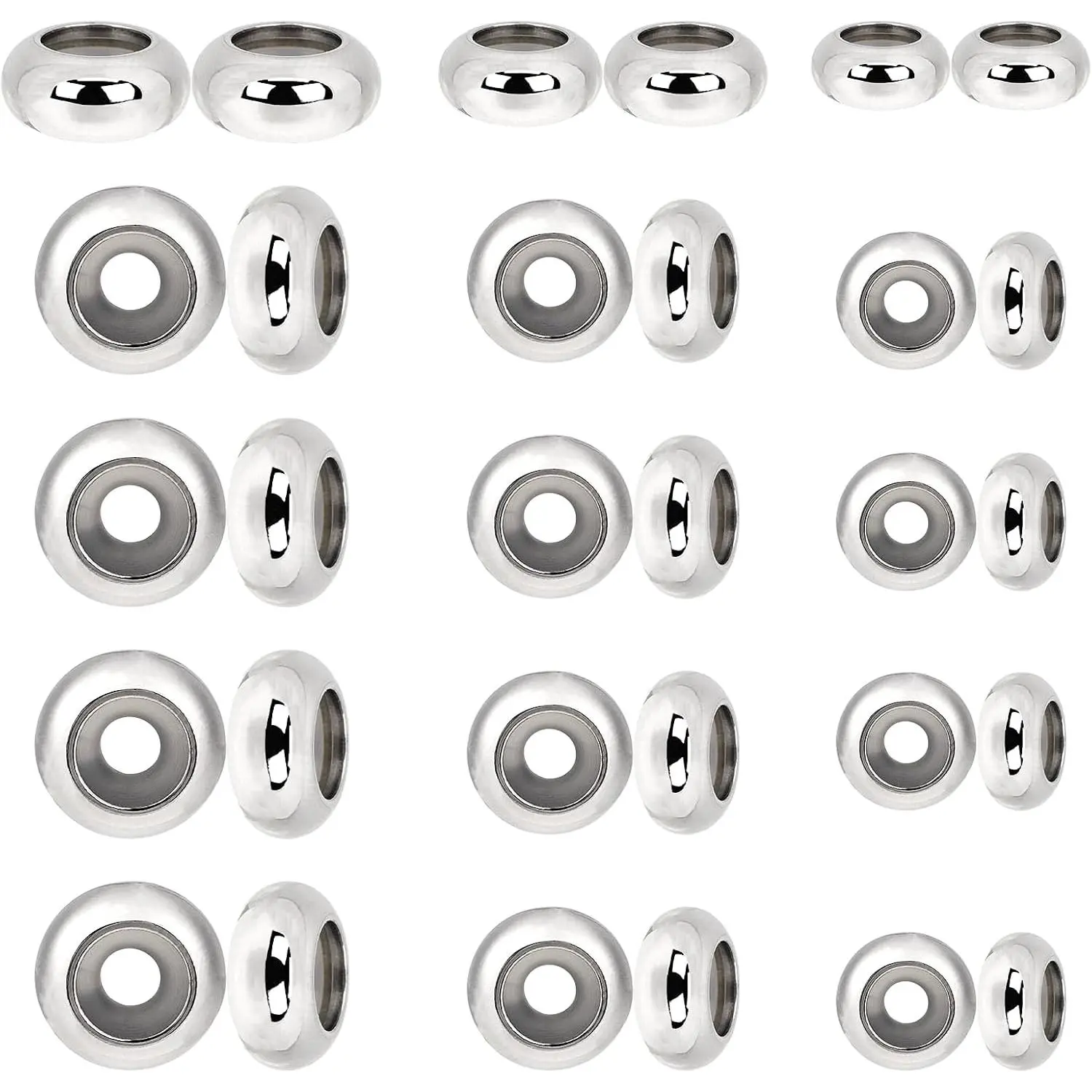 30 count Stopper Beads for Charm Bracelets, 304 Stainless Steel Spacer Beads Adjustable Beads Slider Metal Loose Beads 6/8/10mm with Insert Rubber Locating Rings for DIY Bracelets Necklace  Making