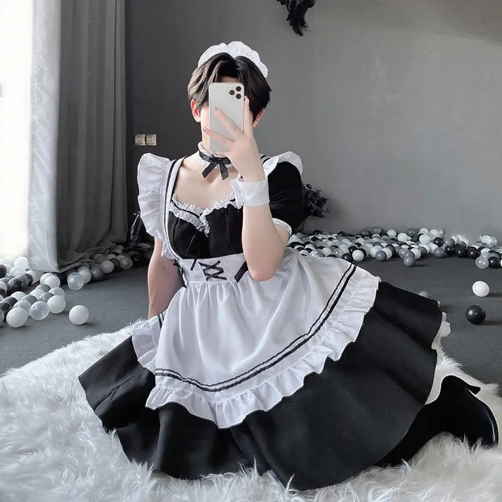Men Classic Maid Dress Cosplay Costume, Black White Ruffle Lolita Maid Outfit With Headband Choker Cuffs, Crossdresser Roleplay Dress For Party Halloween