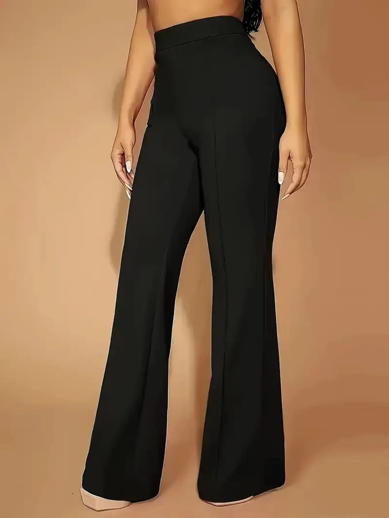 High-Waisted Midi Pants with Front Seam Design, Elegant Office Style, Stretchy Waistband, Smooth Glossy Fabric, Business Events, Business Work Trousers