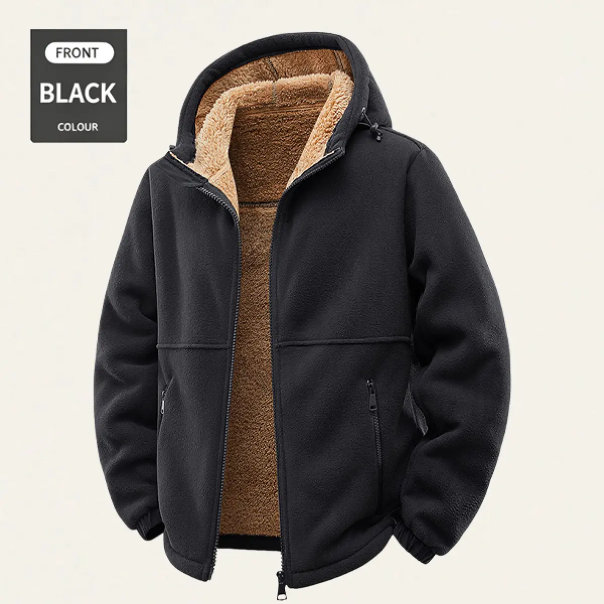 Men'S Fashionable Lined Hooded Jacket Coat - Warm Comfortable Solid Color Zipper Autumn/Winter Casual Polyester Fiber Jacket With Drawstring Hooded, Cold Weather Clothing/Fashionable Hooded Jacket/Plush Lined Hooded Shirt