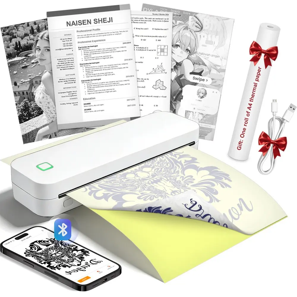 Portable Wireless Thermal Printer, Inkless Printer Supports A4 Thermal Paper, Foldable Paper, Tattoo Paper, Ideal for Travel Car School Office Home Use