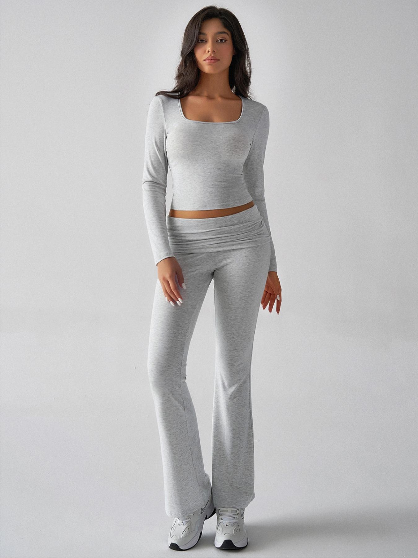 Women's Solid Color Square Neck Crop Tee & Flare Leg Pants Two-Piece Set, Casual Fashion Cozy Two Piece Outfits for Daily Outdoor Wear,Airport Outfit, Cropped Top