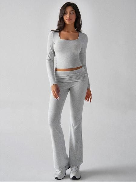 Women's Solid Color Square Neck Crop Tee & Flare Leg Pants Set, Casual Fashion Cozy Two Piece Outfits for Daily Outdoor Wear, Airport Outfit