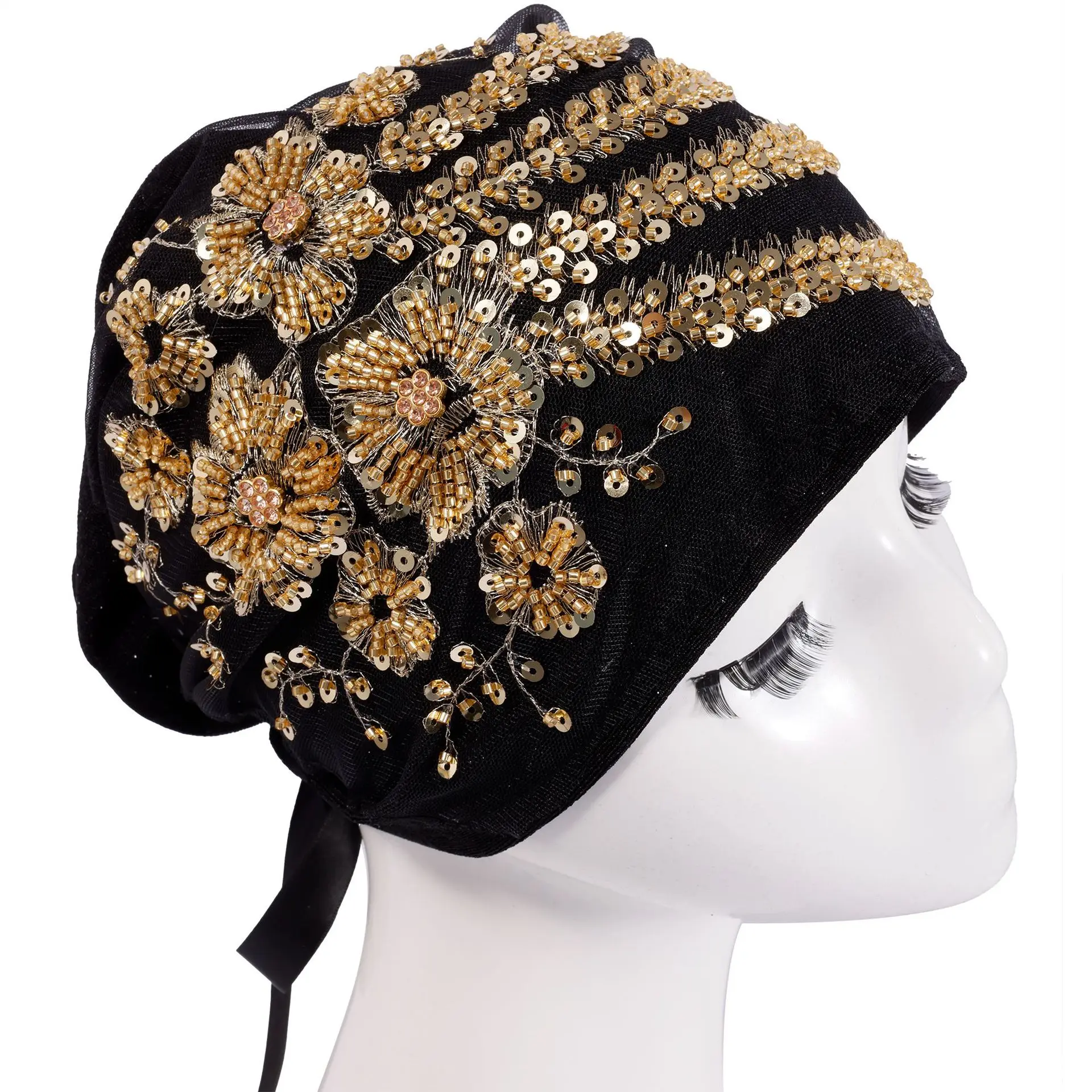 Viral Black Gold Heavy Beaded Sequin Floral Turban Beanie Cap Tie Back Adjustable Soft Stretch Headwrap Women Church Evening Party Wedding Modest Fashion