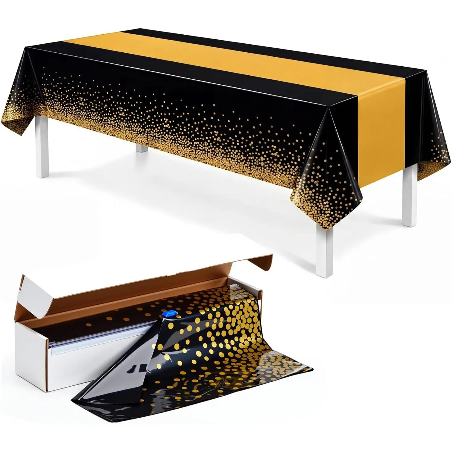 Peryiter Disposable Black and Gold Plastic Tablecloth Roll (100 ft x 54 in) with Sliding Cutter, Waterproof Decor for Party Graduation, Rectangle Table Cover