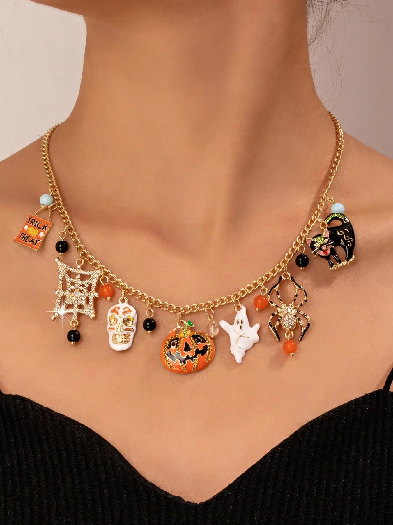 Halloween Pumpkin Ghost Spider Pendant Chain Necklace, Personalized Fun Halloween Party Versatile Daily Costume Jewelry, Suitable For Women's Daily Wear, Party Gift, Commute, Banquet, Travel, Photography, Shopping, Dating