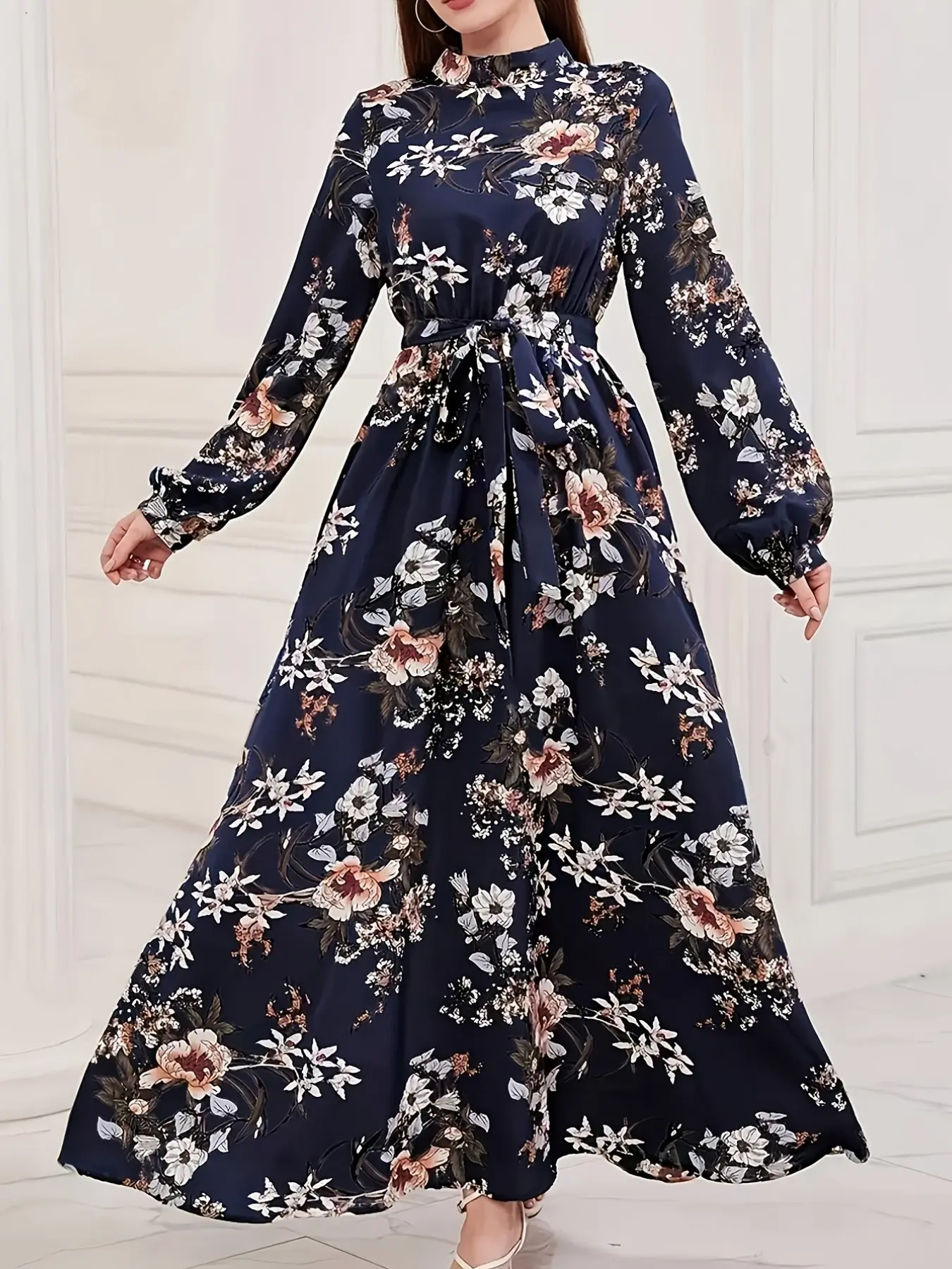 Dark Blue Floral A-Line Dress, Feminine Chic Vibe, Flowy Silhouette, Elastic Cuffs, Wrinkle-Resistant, Lightweight, Ideal for Brunch/date Nights
