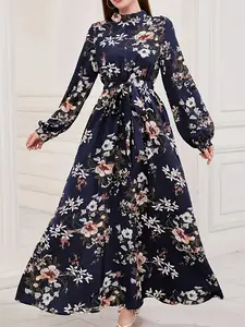 Dark Blue Floral A-Line Dress, Feminine Chic Vibe, Flowy Silhouette, Elastic Cuffs, Wrinkle-Resistant, Lightweight, Ideal for Brunch/date Nights