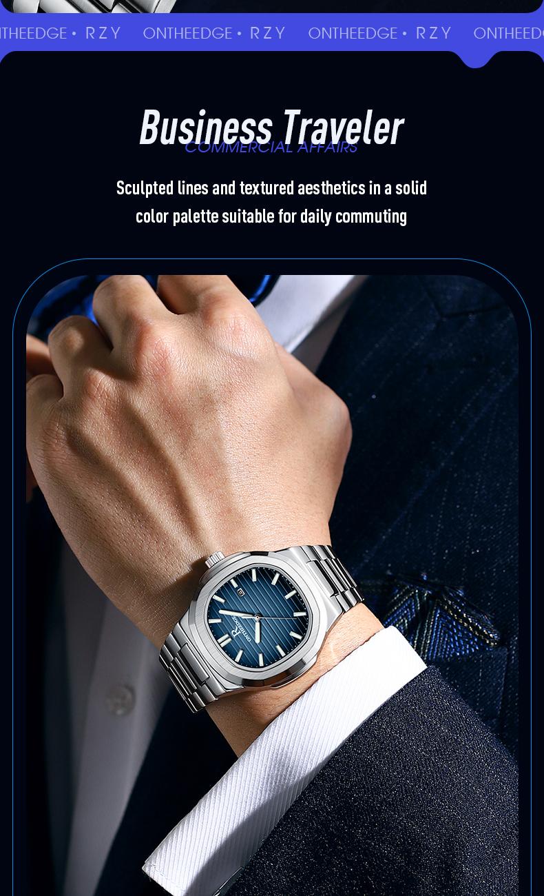 Men's Luxury Square Blue Dial Quartz Watch - Stainless Steel Wristwatch with Date, Luminous Hands, Waterproof, Classic Business Casual Dress Watch, Perfect Gift for Husband Dad