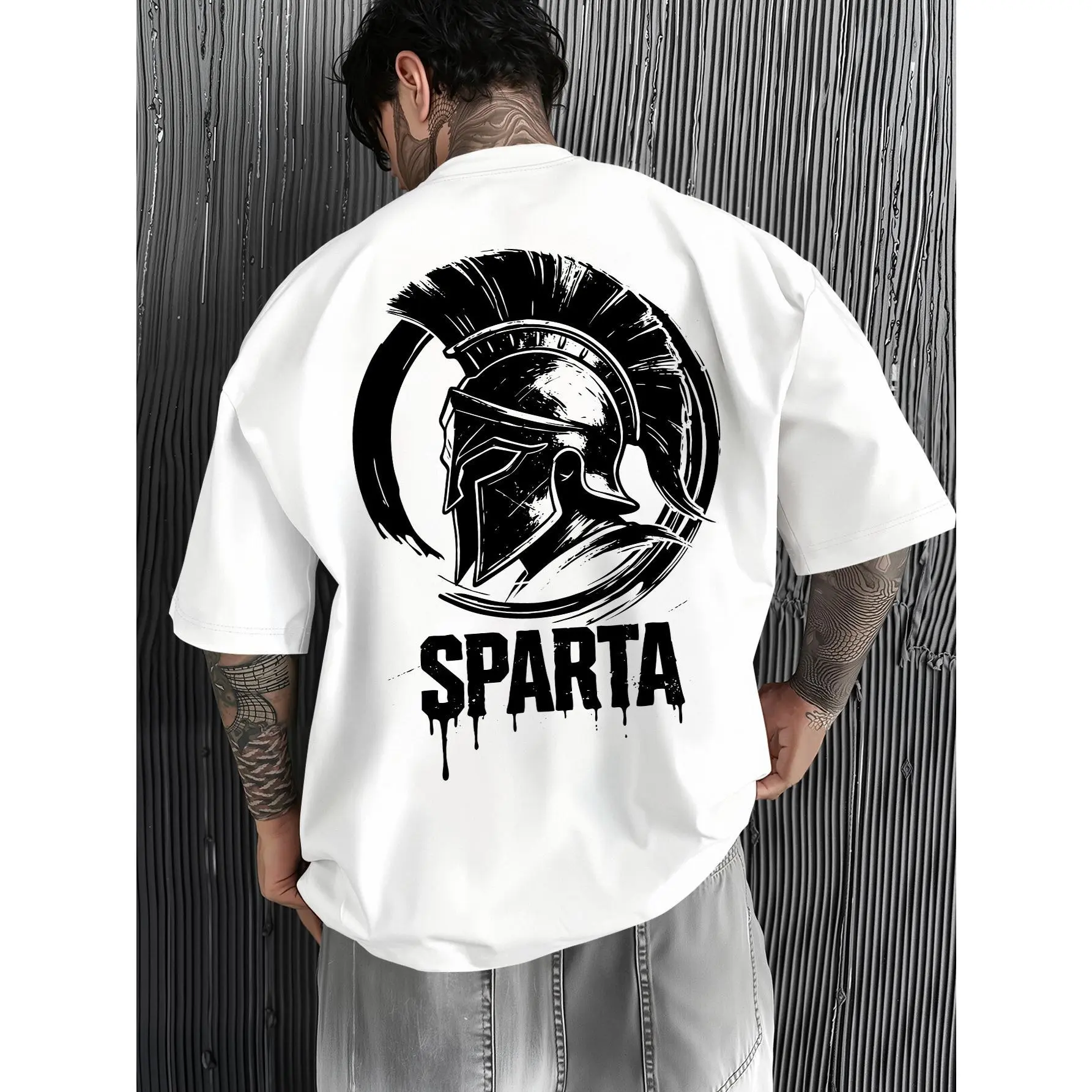 Men's Spartan Helmet Sports Tshirt, Loose Fit 100% Cotton Streetwear with Front & Back Graphic Print for Gym & Fitness, Round Neck, Outdoor Wear, Aesthetic, Denim, Minimalist, Menswear, Smooth, Classic, Flannel, Plain, Shortsleeve, Stylish, Activewear Ath