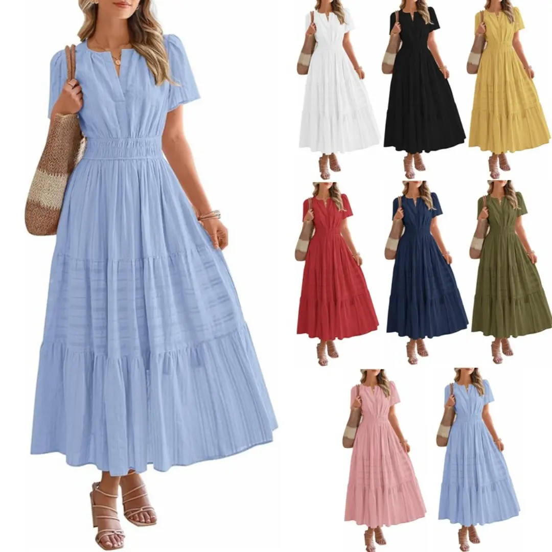 Women's V-neck Pleated Puff Sleeve Wide-hem Short-sleeve Dress # line graduation high low lavender corset Elegant Solid Color Cami Lounge maxi empire waist ending blue rainbow tube clothing flowy long women dresses for summer cruise attire