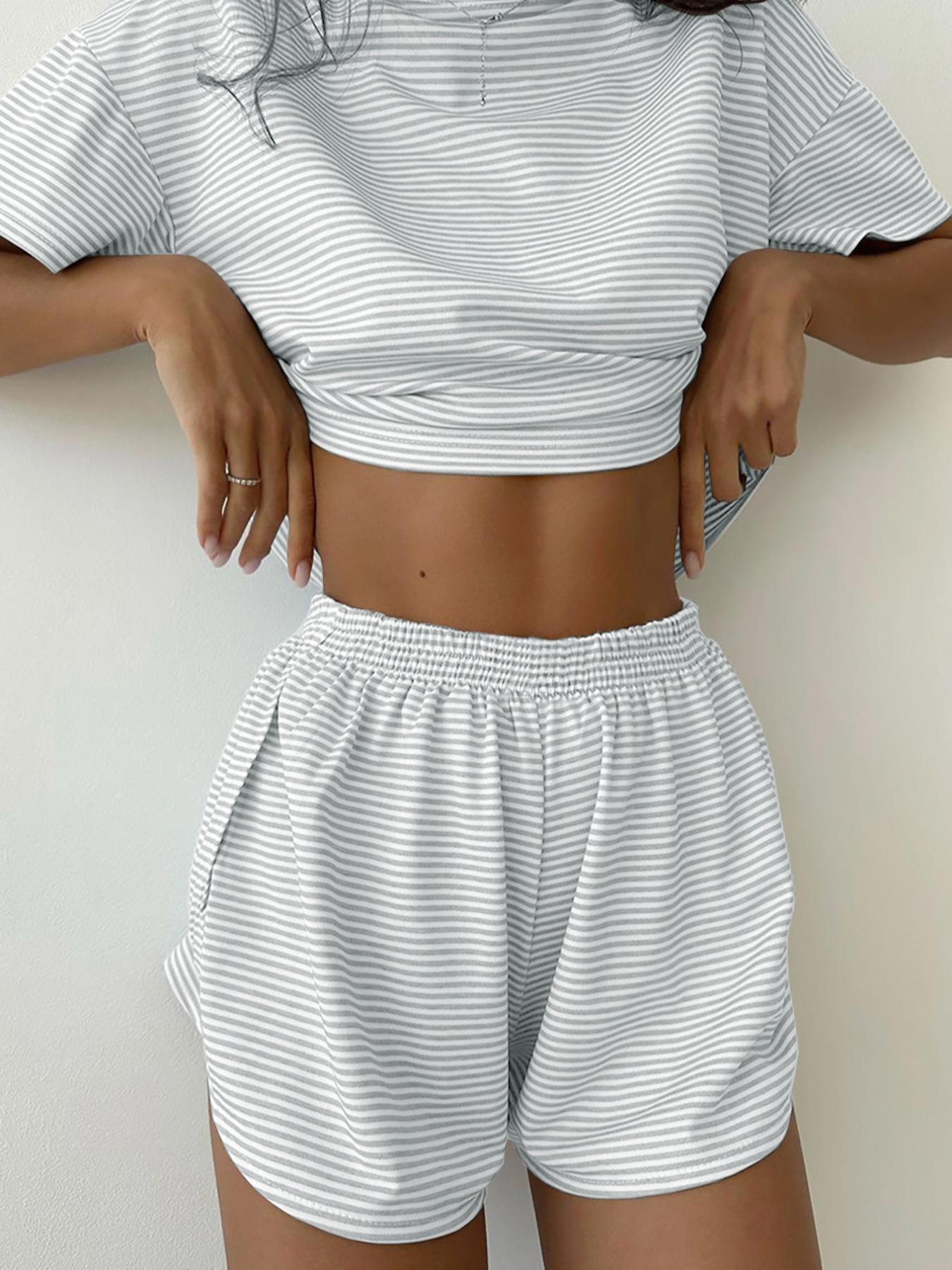 Women's Striped Print Drop Shoulder Tee & Wrap Split Shorts Pyjama Set, Casual Comfy Round Neck Short Sleeve T-shirt & Elastic Waist Shorts Pj Set, Summer Outfits 2024 Women's Striped Print Drop Shoulder Tee & Wrap Split Shorts Pyjama Set, Casual Comfy Round Neck Short Sleeve T-shirt & Elastic Waist Shorts Pj Set, Summer Outfits 2024