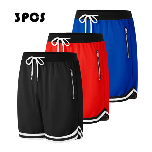 Male 3-Piece Striped Basketball Shorts Set - Drawstring Waist, Zippered Pockets, Fashion Sports Casual Street-Style Training Shorts