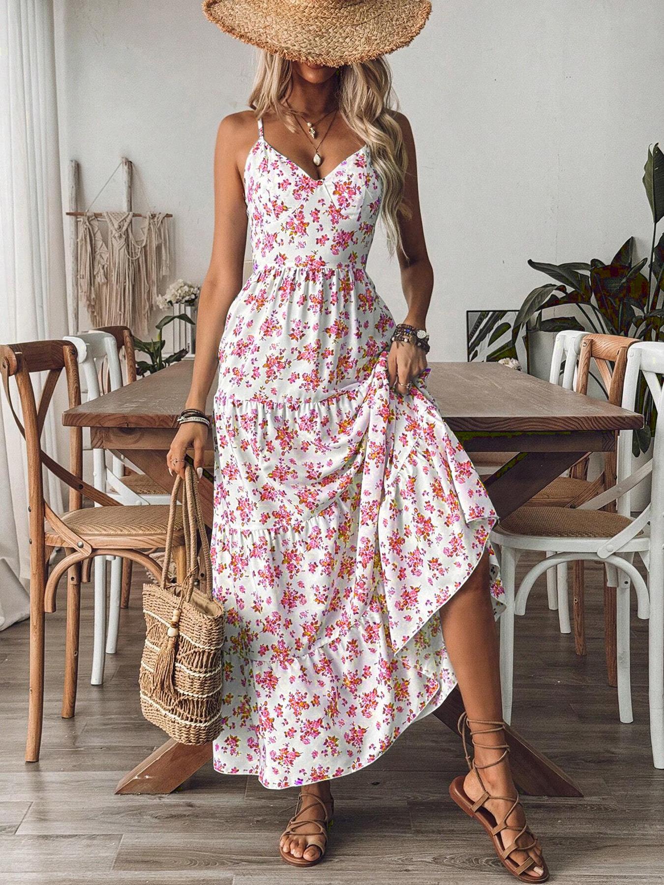1pc Women's Floral Tiered Maxi Dress, Spaghetti Straps & Back Cutout Bow Detail & Flowy Tiered Skirt & Lightweight Material & Multiple Floral Patterns & Frill Ruffle Hem, Floral Print Dress