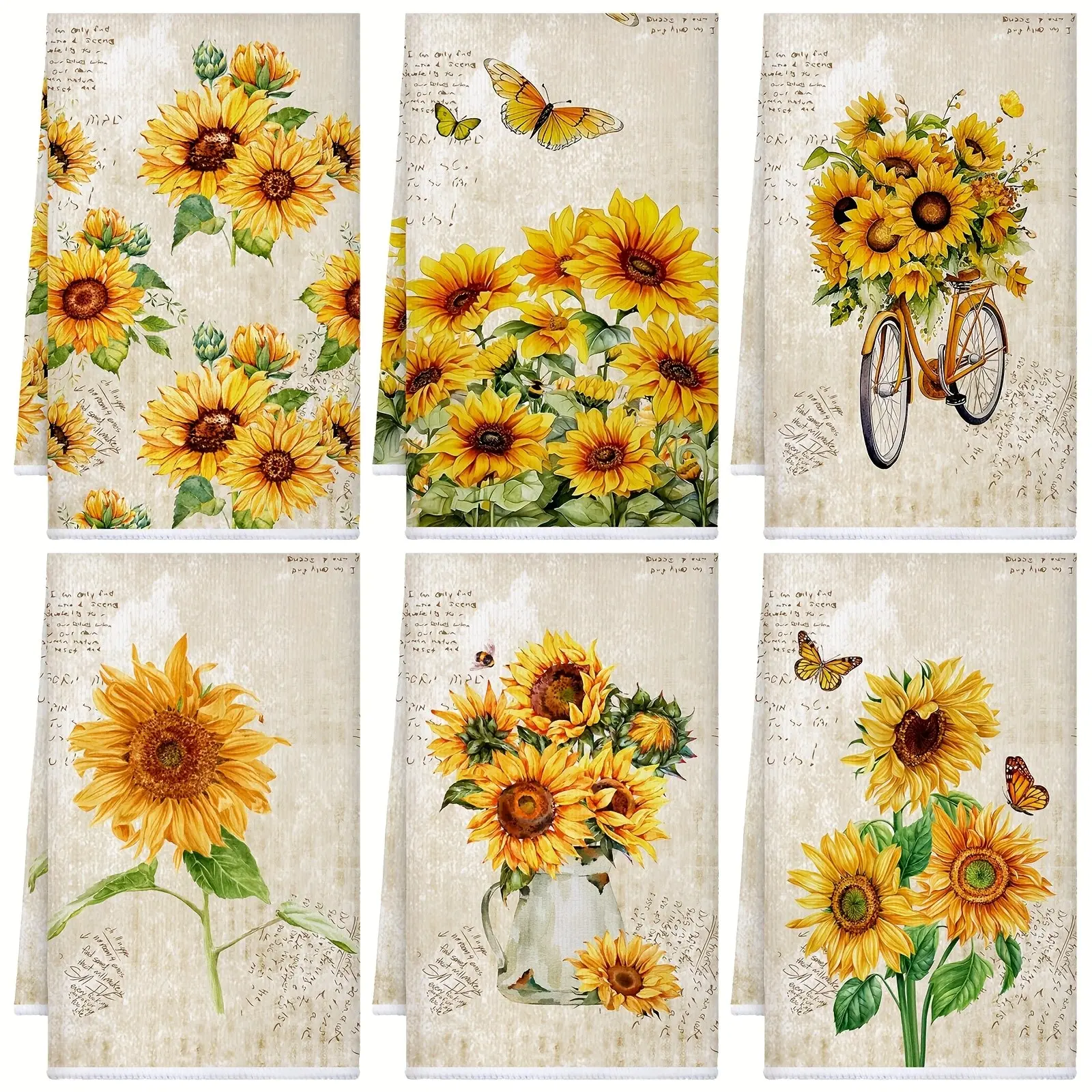 6pcs Kitchen Towels Absorbent Dish Towels Decorative Tea Towels Fast Drying Dish Cloths Hanging Reusable Cleaning Dishcloths for Cooking Baking Housewarming (Yellow Sunflower)