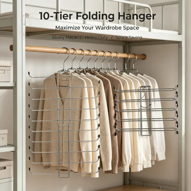 10 Tier Collapsible Pants Hanger Durable Silver Metal Construction Space Saving Wardrobe Storage Solution For Trousers Jeans Leggings