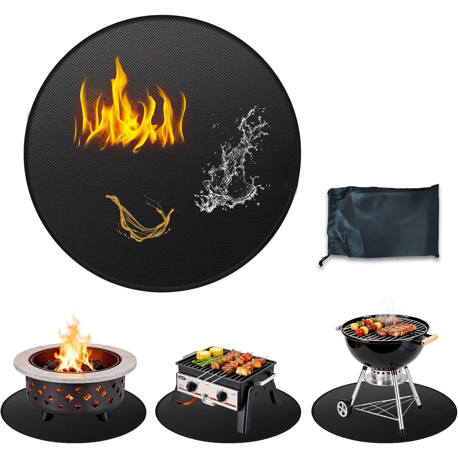 36'' Fire Pit Mat, Double-Sided Fireproof Under Grill Deck Protector Mat, Round BBQ Fireplace Pad for Patio, Indoor Outdoor Use, /Oil-Proof/, Black