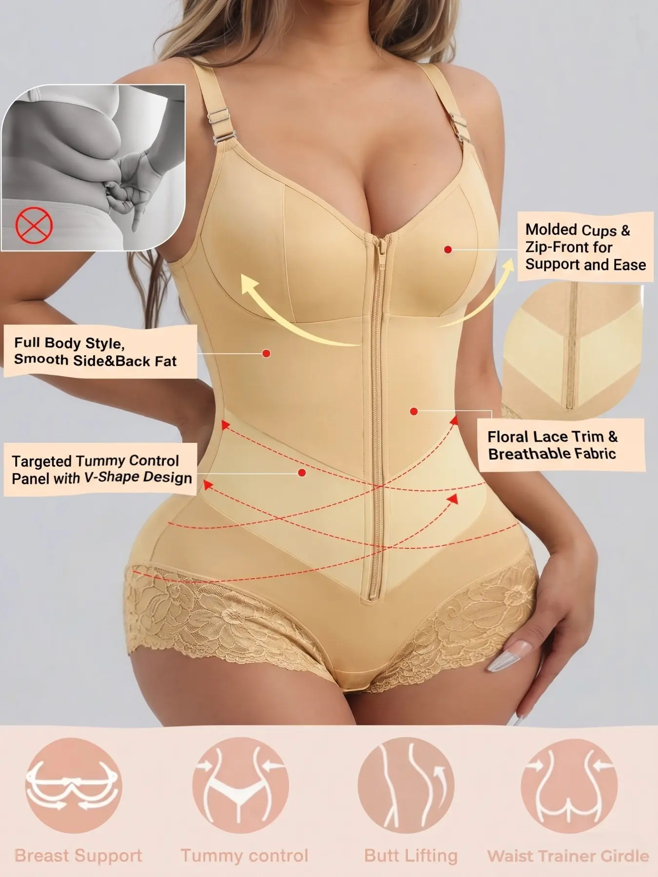 1 Count Women's Solid Color Shapewear, Colombian Shapewear, Fajas, Lace Trim Anti-Slip Jumpsuit, Front Zipper V-Shaper Belt Shapewear Bodysuit, Butt Lifting & Tummy Control Body Shaper, Breathable Contouring Bodysuit, Ideal For Soft Wearing