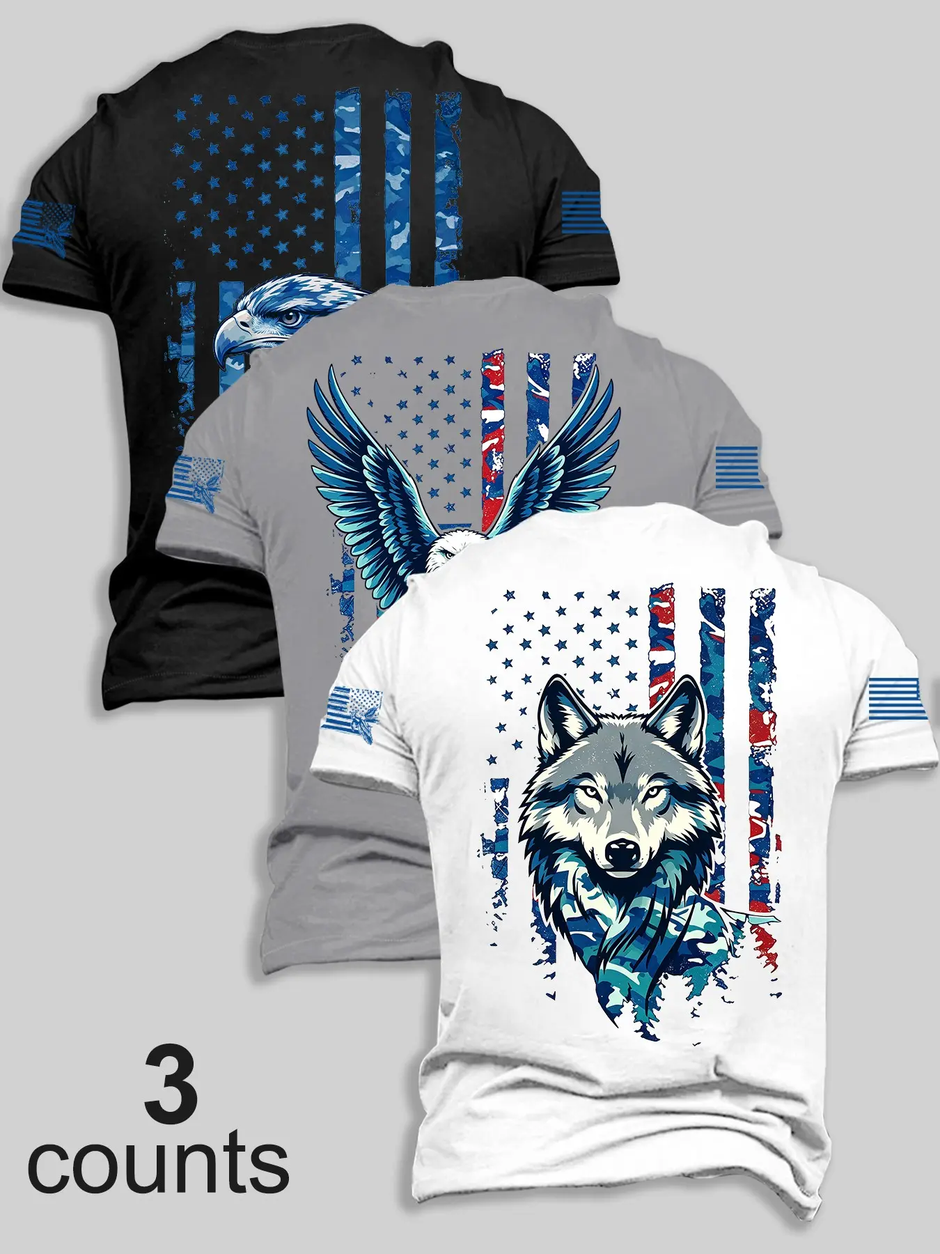 3 Pack Mens Crew Neck Short Sleeve Tees Distressed Camo American Flag Eagle Wolf Animal Back & Sleeve Dual Position Print Patriotic Retro Loose Streetwear Tops For Daily Outdoor Casual Outfit#PatrioticAnimalTees #CamoFlagGraphicShirts #WildlifeFlagWear
