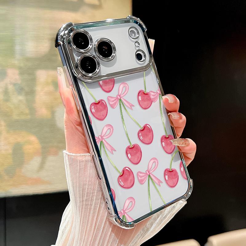 Cherry Bows Pattern Four Corner Anti-Fall Phone Case Transparent Electroplated Protective Cover for iPhone 17 Air 16 E Pro Max 15 Plus 14 13 12 11 X,Samsung and other series models, can be given as a holiday gift to friends or family