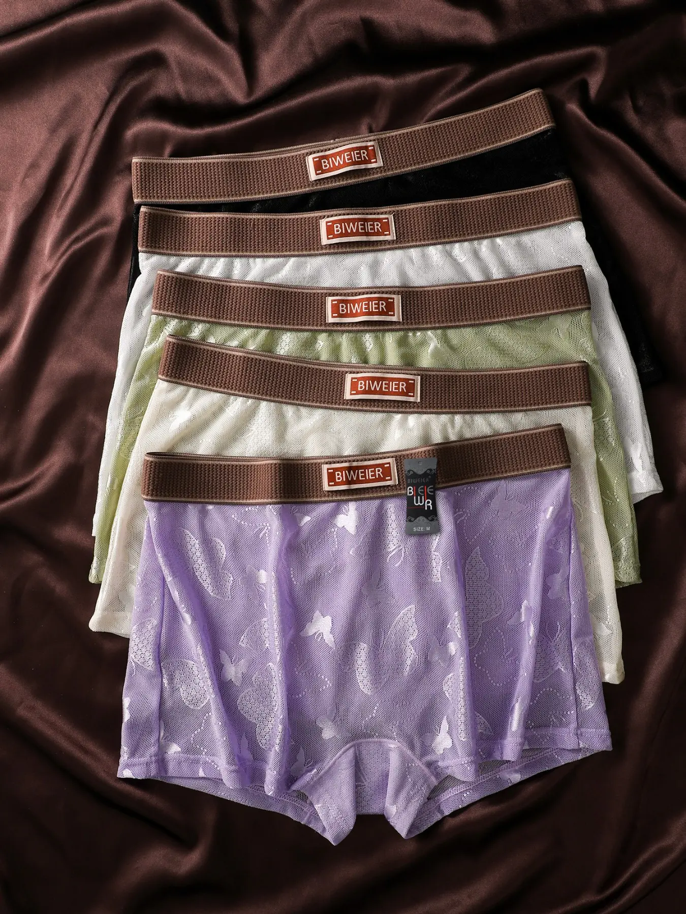 5 Pcs Biweier Women's Butterfly Mesh Boyshorts, Luxury Lightweight Breathable, Colorblock Waistband, Semi-Transparent, Ideal Gift