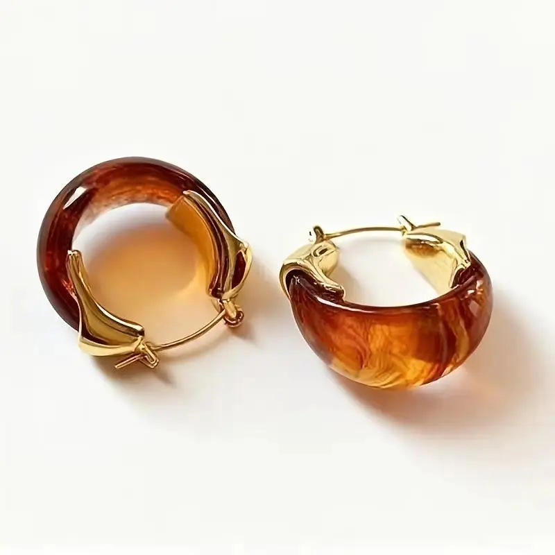 Amber Resin Hoop Earrings - 14K Gold Plated Tortoiseshell C-Shaped Huggie, Vintage Acrylic Circular Jewelry, Trendy Everyday Accessory & Gift for Women
