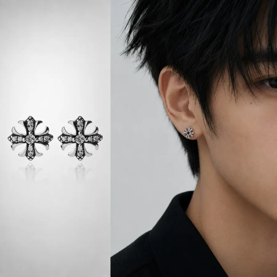 Vintage Crowe cross zircon full diamond magnetic ear clips men and women cold wind niche light luxury earrings