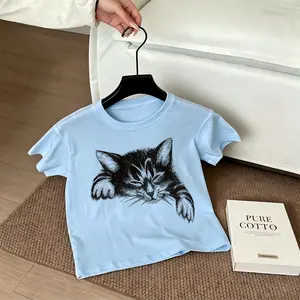 Womens Cropped Short Sleeve Tee Cute Sleepy Cat Graphic Baby Tee Soft Cotton Crewneck Fitted Crop Top for Summer Streetwear Casual Going Out