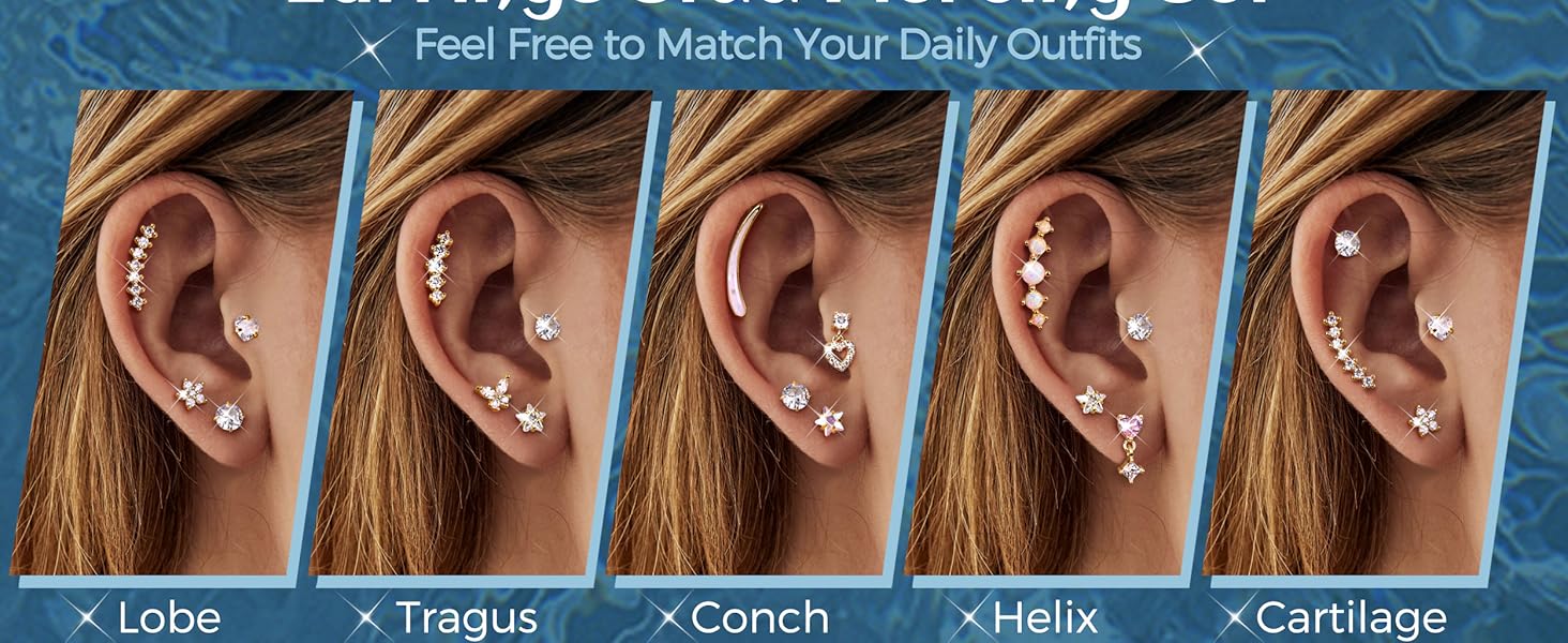 YADOCA Helix Piercing Jewelry Cartilage Earrings For Women 16G Surgical Stainless Steel Opal CZ Conch Tragus Piercing Flower Heart Flat Back Earrings For Women