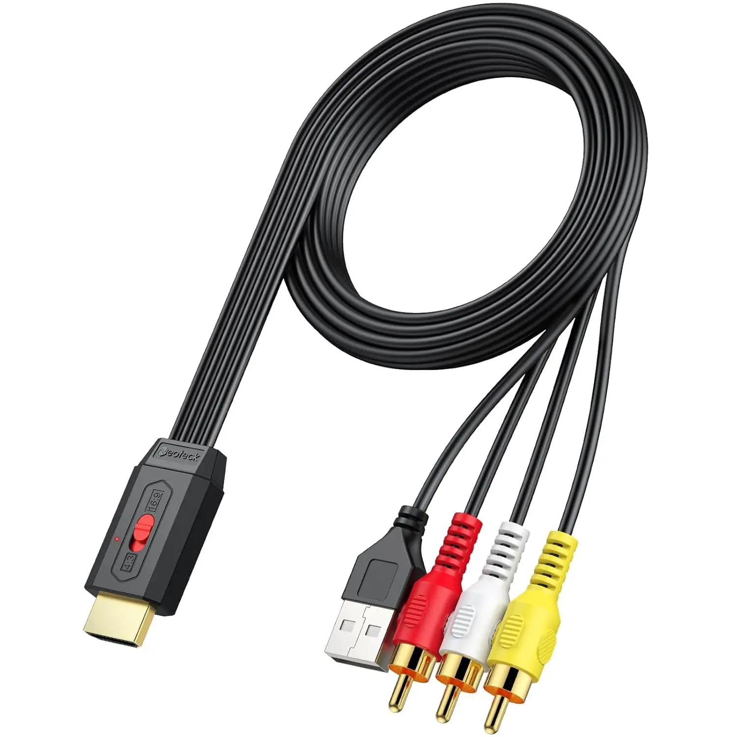 Neoteck RCA to HDMI Converter 150cm/5ft AV to HDMI Cable Supports 16:9/4:3 Conversion Built-in AV Cable for Vintage Movies or Life Videos Plug and Play Widely Used in DVD VCR Player-Male RCA Input