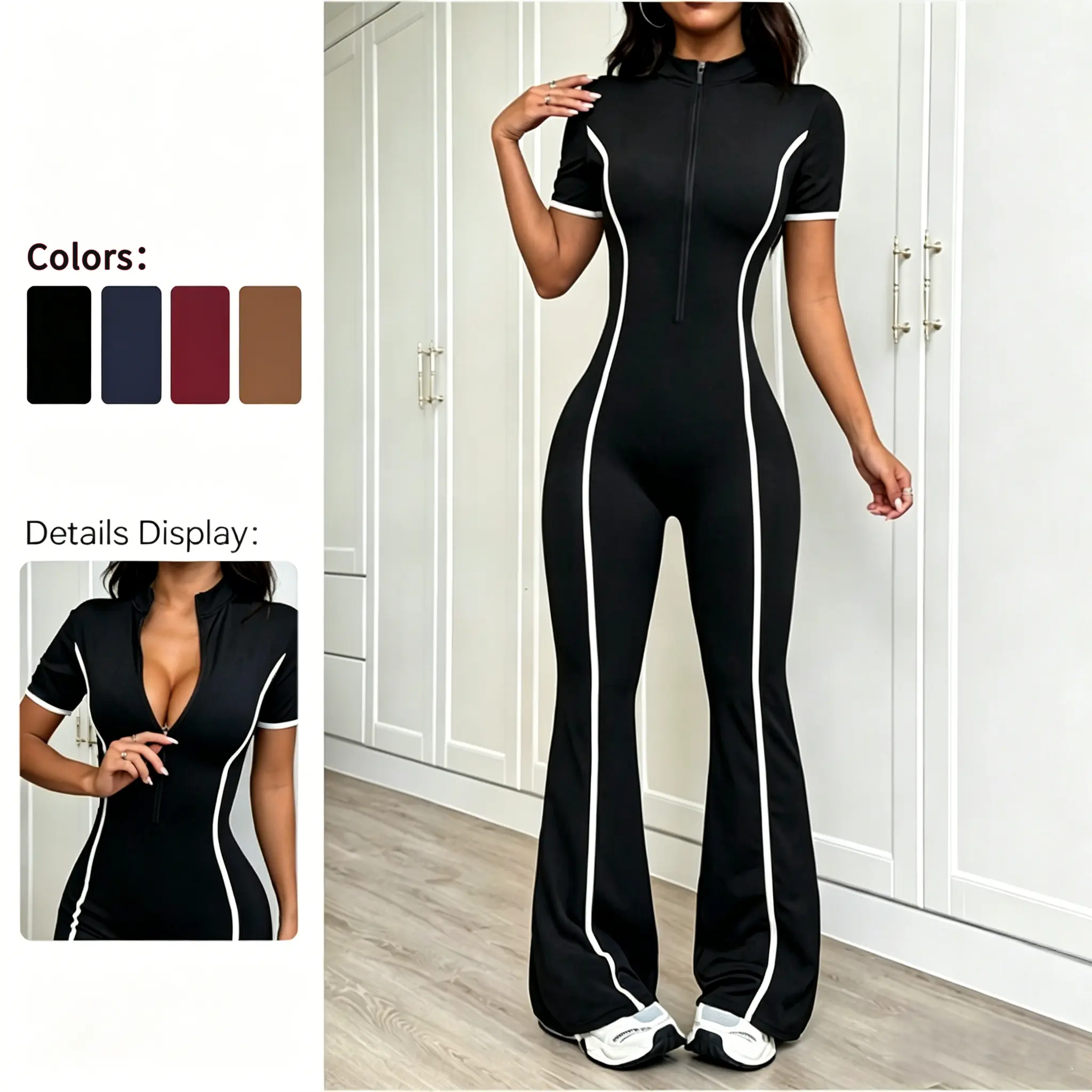 Women's Color Block Striped Seamless Jumpsuit - Half-Zip Short-Sleeve High-Neck Flare-Leg Bodysuit with Tummy Control, Butt Lifting Stretch for Gym, Street Wear