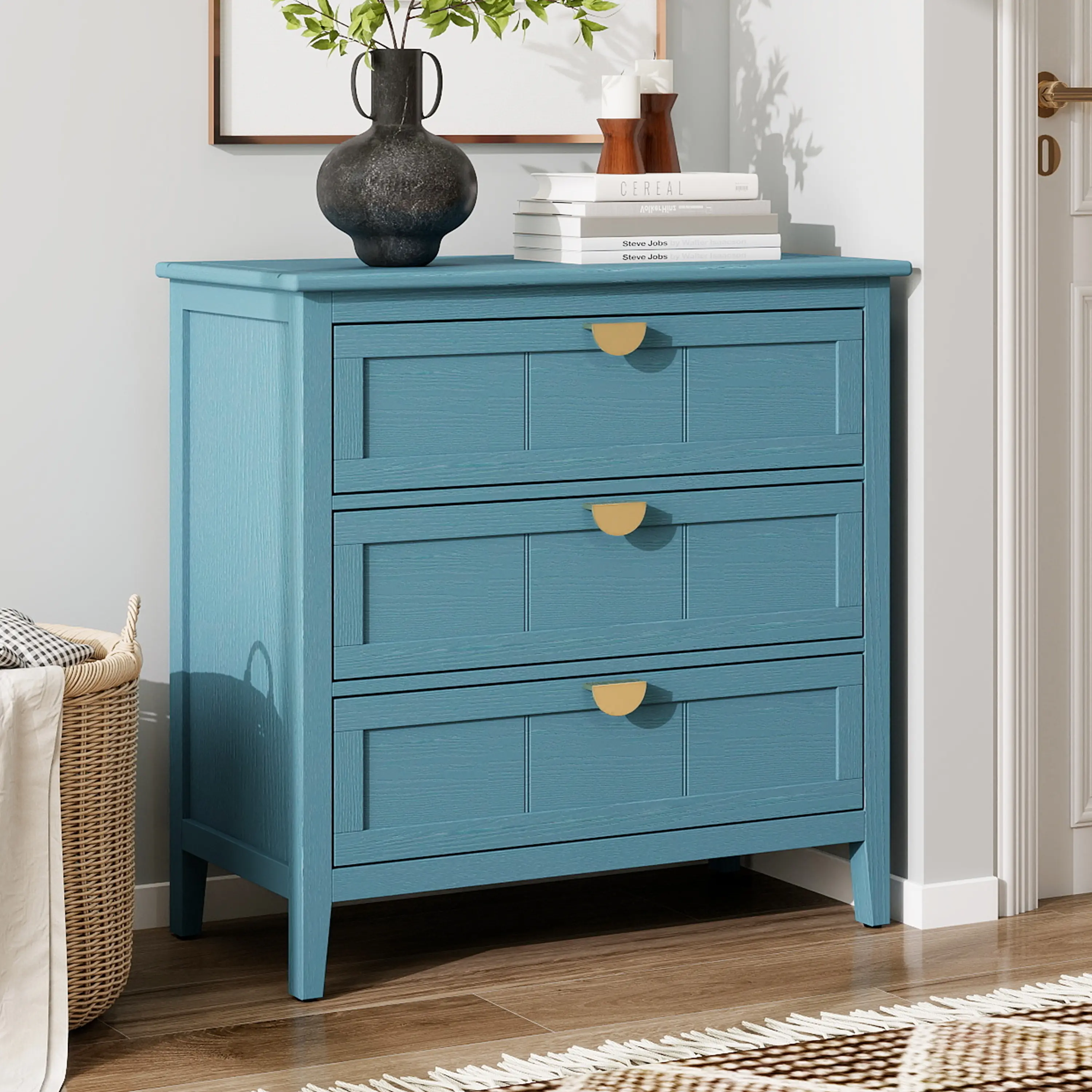 Nokaa 3-Drawer Cabinet Chest of Drawers for Bedroom Living Room Study, MDF Wood Grain Finish, Blue Storage Dresser with Non-Slip Pads, 140 lbs Load Capacity, 14.96W x 31.50D x 30.31H