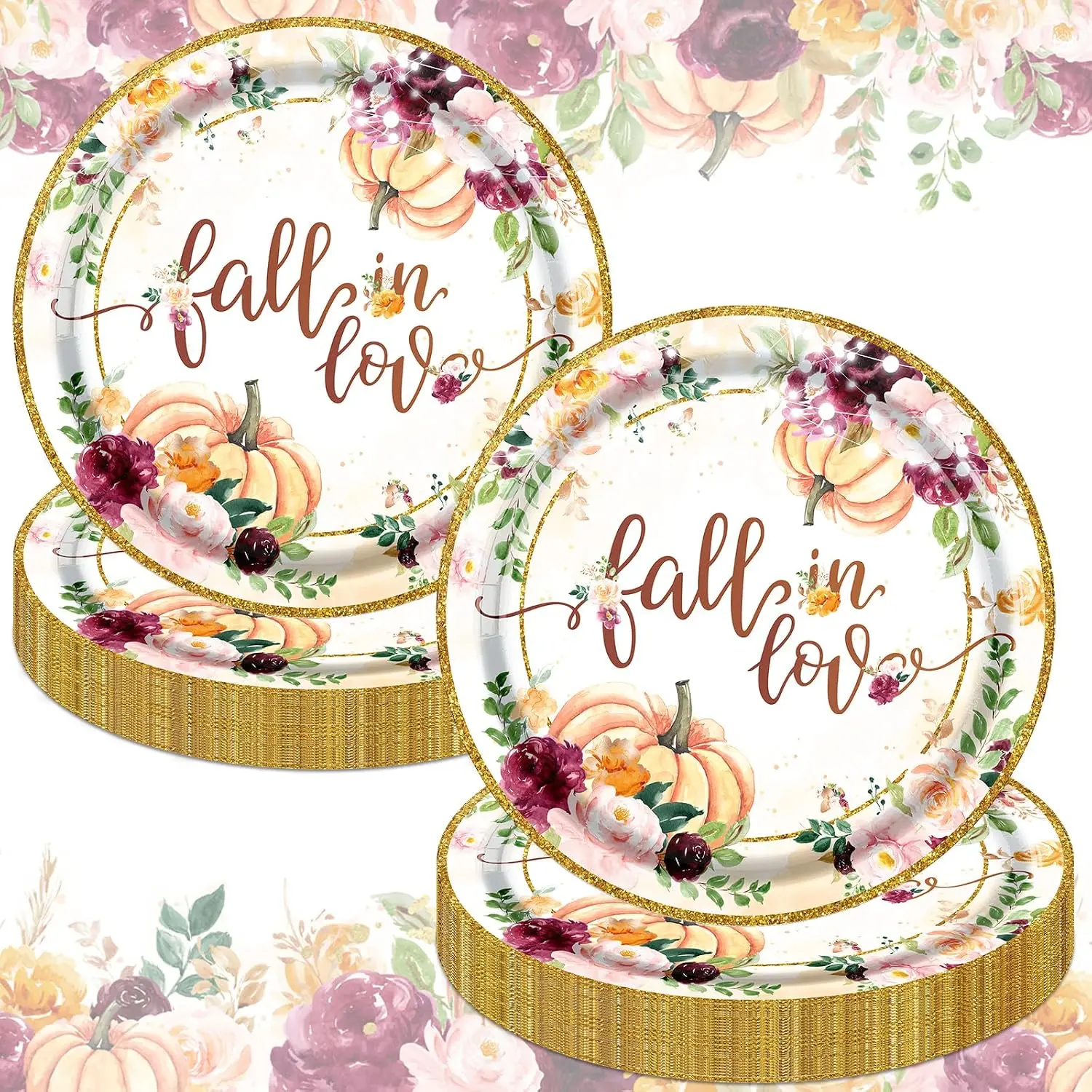 Fall in Love Party Decorations 48 count Fall Paper Plates Pumpkin Floral Theme Disposable Dessert Paper Plates Set for Fall Bridal Shower Wedding Anniversary Party(7Inch)