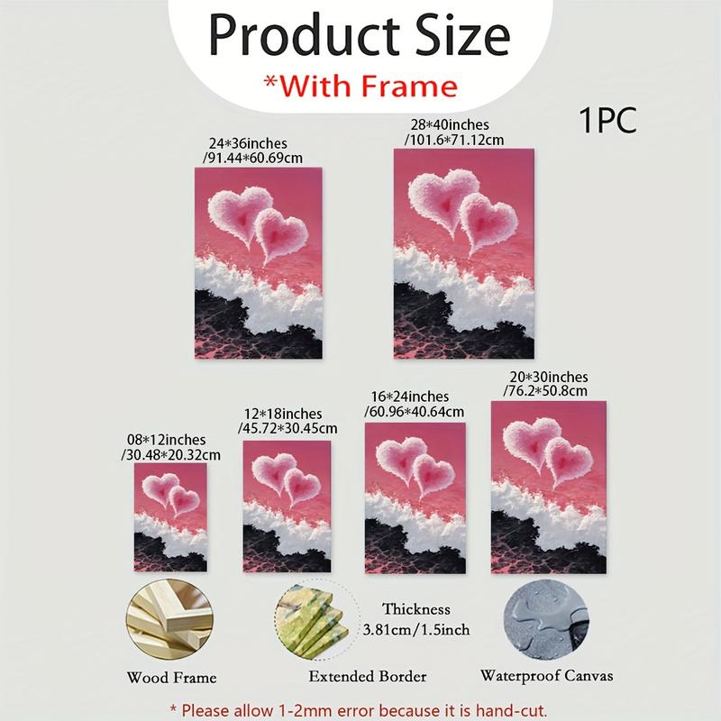 2D Flat, Valentine'S Day Heart Wall Art - Pink & Black Abstract Love Painting on Wrapped Canvas with Wood Frame, Retro Modern Minimalist Decor for Living Room, Bedroom, Bathroom