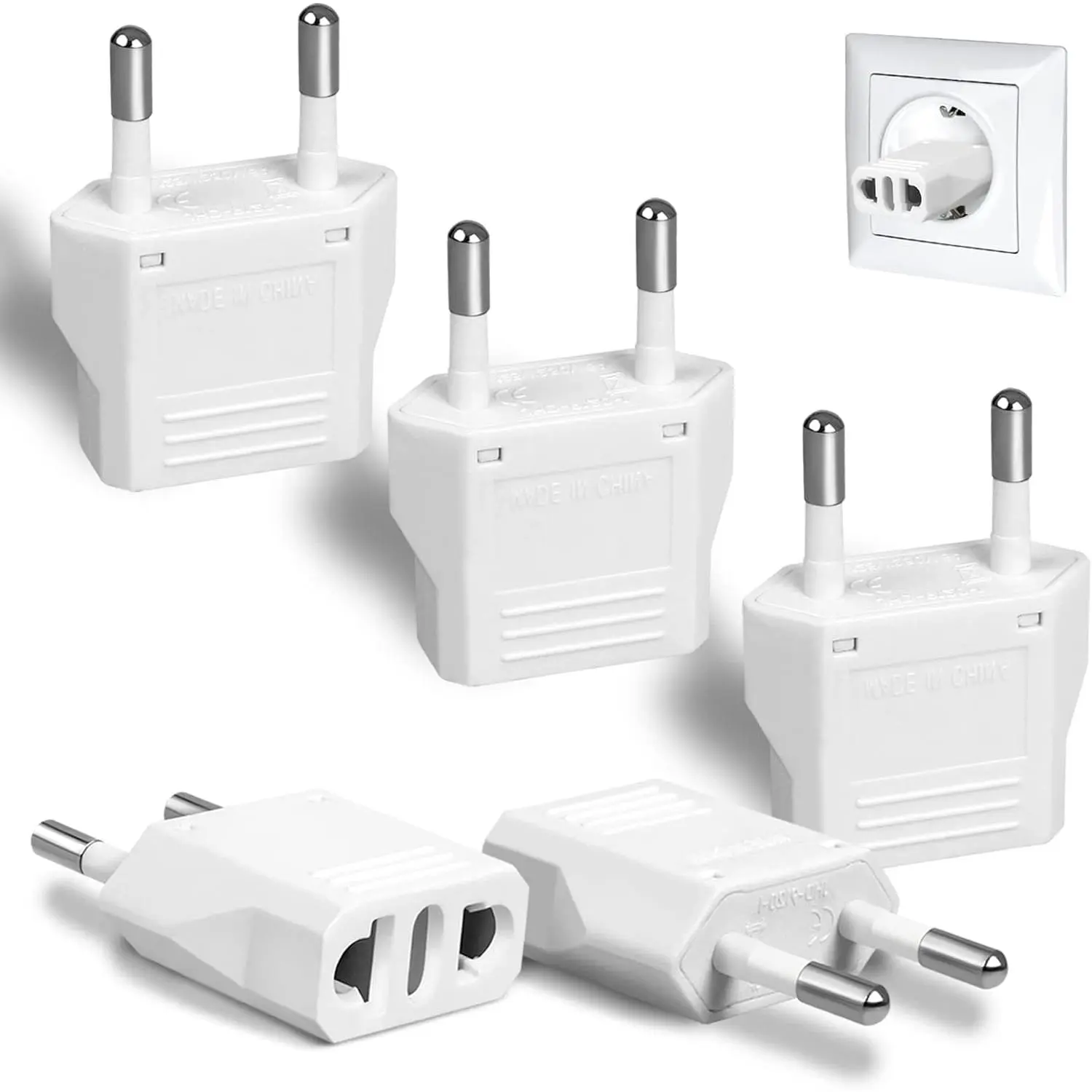 6 Pack Type C European Travel Adapter - 6A Current 600W Wall Plug Power Converter with Universal Socket for Italian, Swiss Use (White), 600 W
