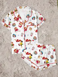 Kawaii Anime Inspired Summer Pajama Set, Cute Cartoon Fish Girl 2-Piece Sleepwear for Women, Soft, Silky, Breathable Button Down Short Sleeve Shirt & Shorts Loungewear, Nostalgic Magical Girl Aesthetic Nightwear, Cozy PJs