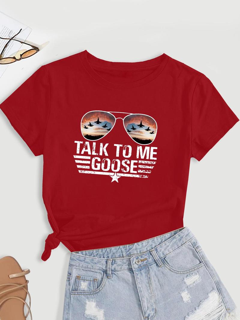 Women's Glasses & Letter Print Round Neck Tee, Short Sleeve Graphic T-shirt For Summer, Women's Top For Daily Wear
