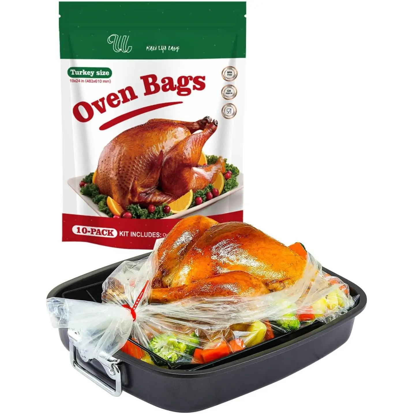 Turkey Bags for Oven Holds Up To 25 lbs, 19"x24"  Nylon | Large Oven Bags with 10 ties,   Grade For Versatile Roasting Cooking Storage Use, 10-pack