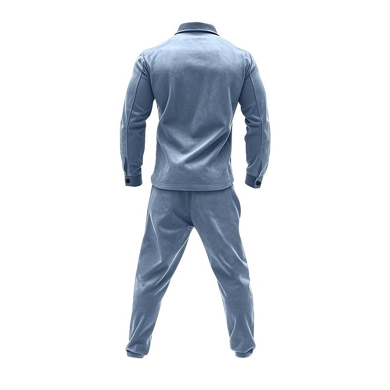 2pcs Men'S Casual Solid Color Sweatsuit Set, Polyester Knit Fabric with Slight Stretch, Regular Fit, with Lapel Collar, Button Details, for Spring/Fall - Fashionable American Style Workwear Jacket and Pants Combo