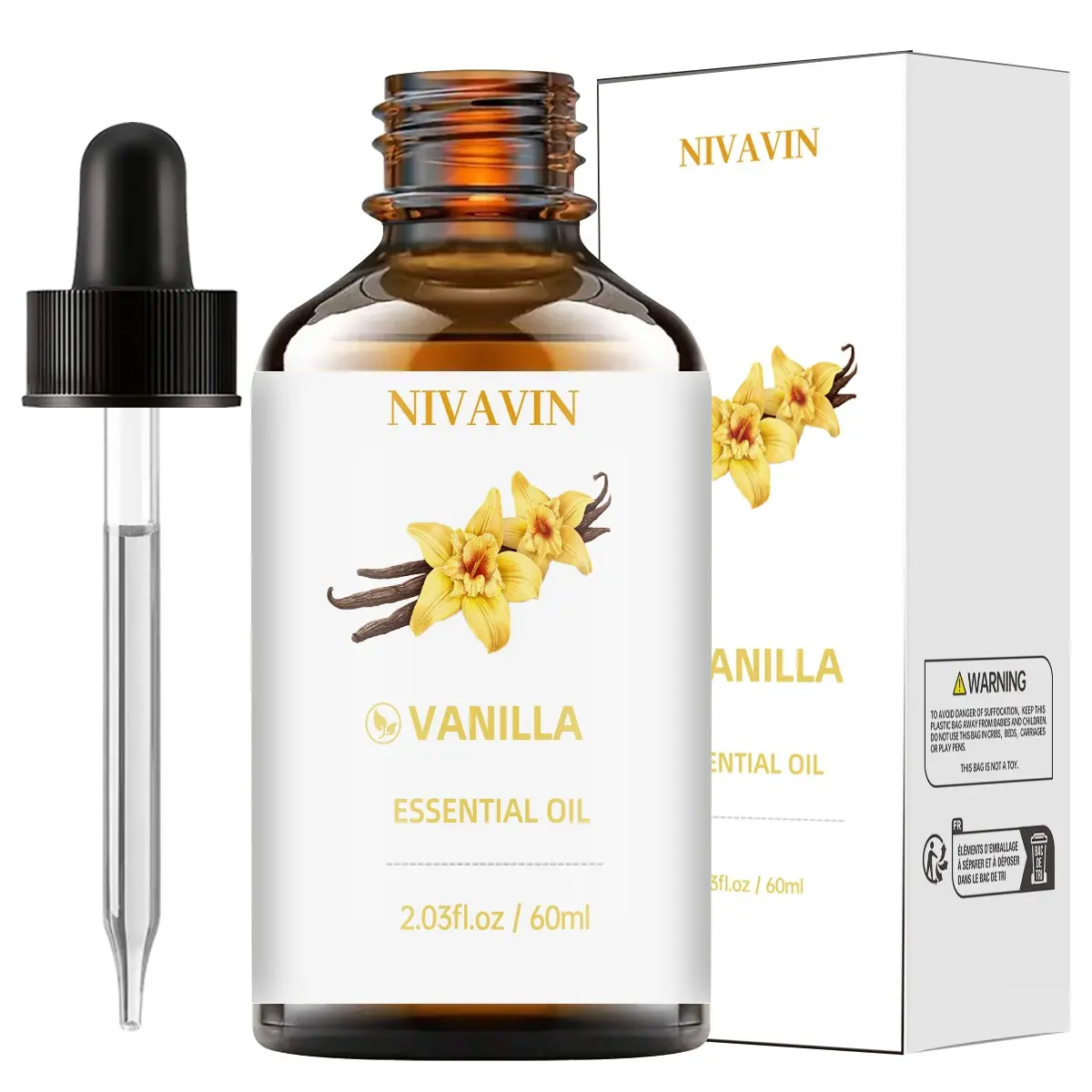 NIVAVIN Vanilla Essential Oil 60ml, Aromatherapy Essential Oils, 100% pure natural plant extracts, rich, sweet and warm fragrance with long-lasting scent, suitable for home settings and personal customization