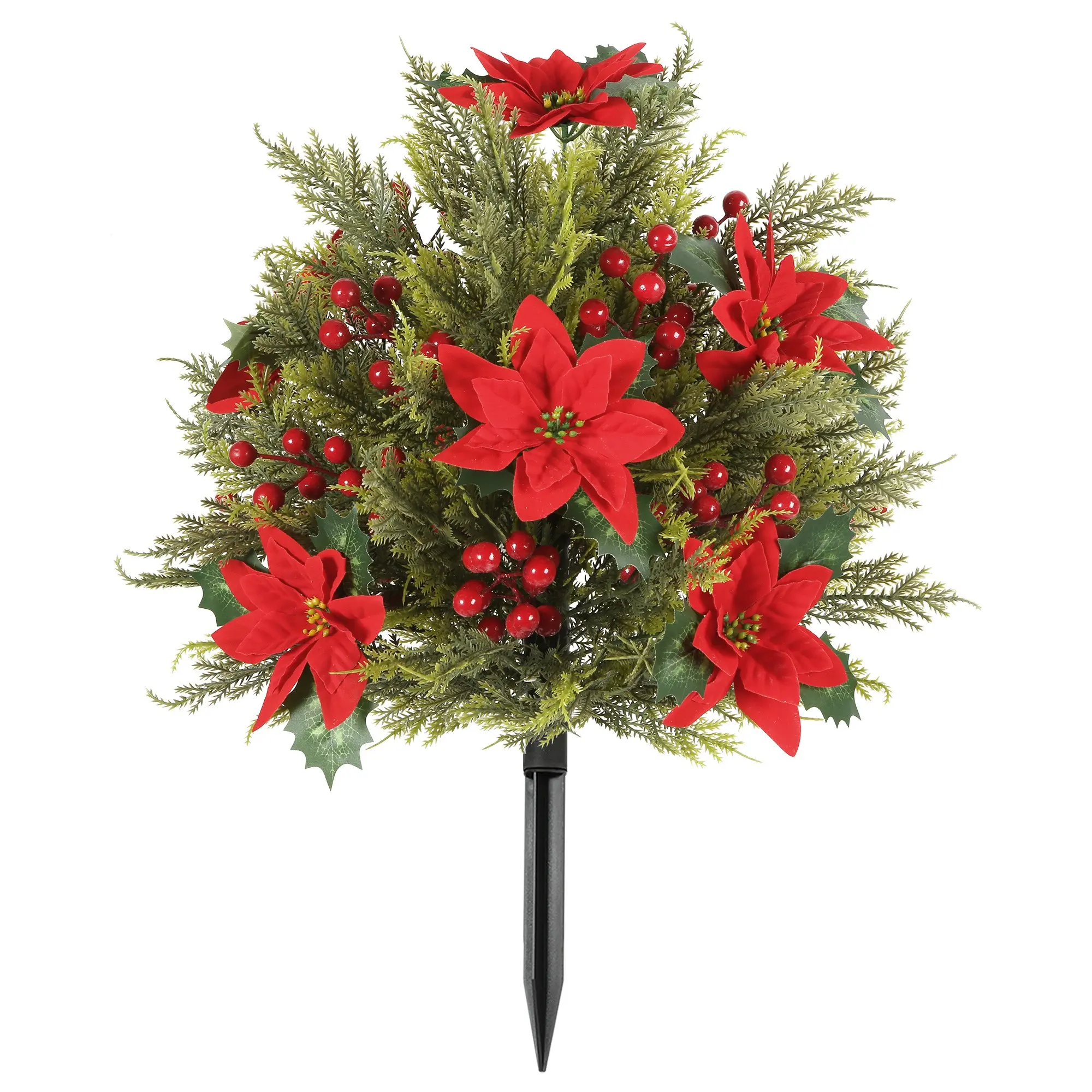 Artificial Poinsettia Arborvitae Bush with Plastic Stake, Realistic Evergreen Plant with Flowers and Berries, Vintage Farmhouse Christmas Decor