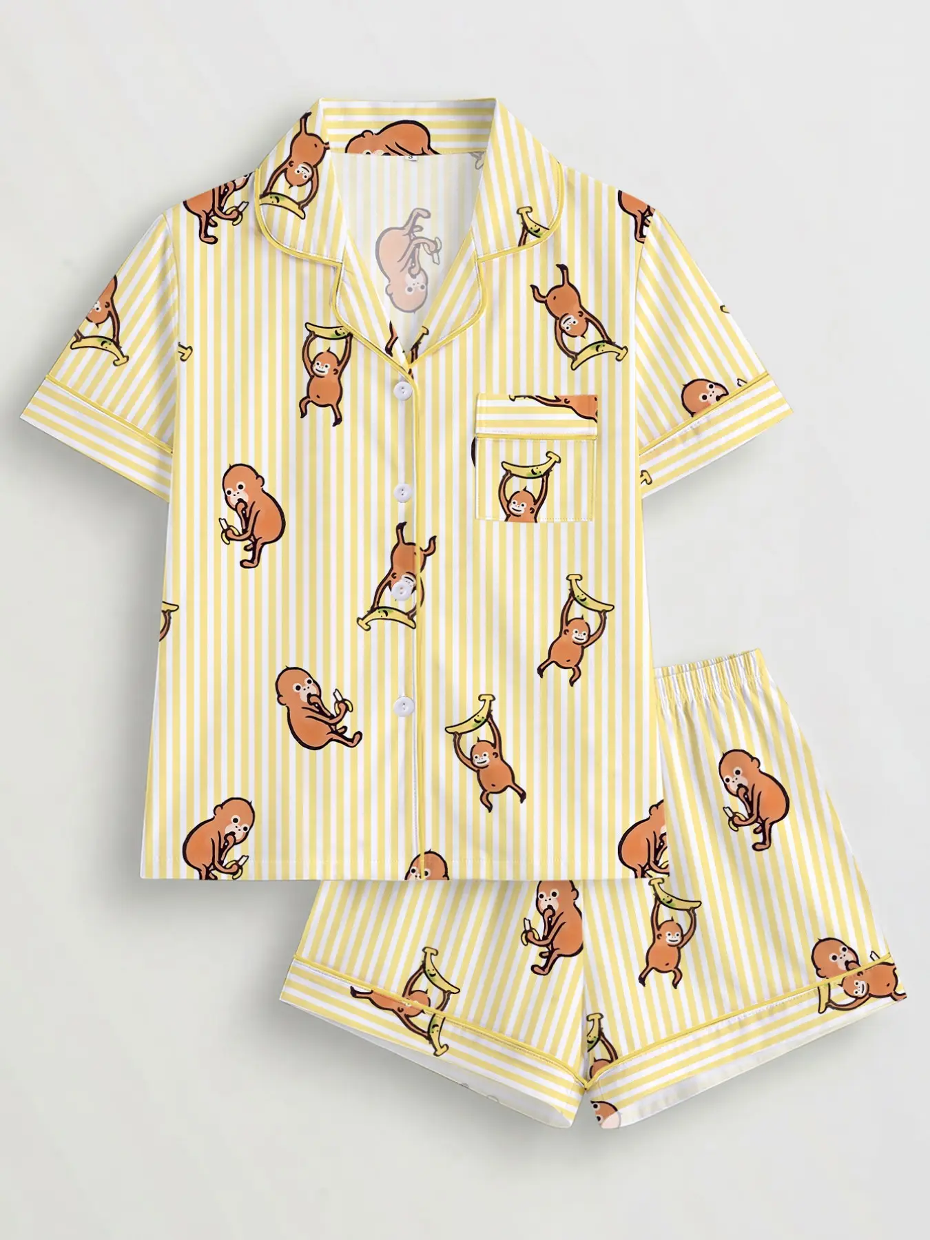 Women's Cartoon Monkey Print Pajama Set, Short Sleeve Button Shirt and Elastic Shorts, Casual Home Wear, Comfortable Sleepwear, Loungewear Sleepwear Set