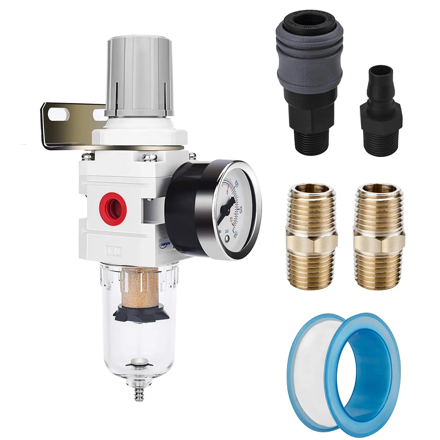 1/4" NPT Air Compressor Filter &  Regulator Combo w/Gauge | 5-micron brass  water/oil separator, poly bowl, semi-auto drain, 20 SCFM, 0-150 psi gauge—for  & air tools